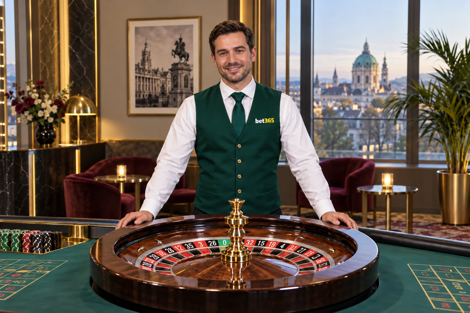 Illustration eines bet365 Live-Dealers am Roulette-Tisch